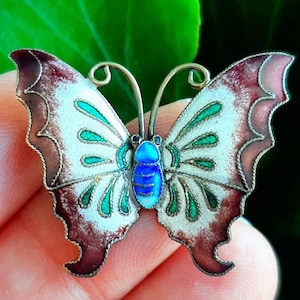 1920s Silver Cloisonné Enamel Butterfly Brooch Pin C - clasp Antique Gift for Her