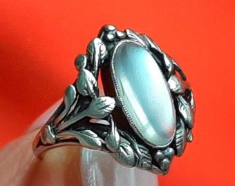 c. Bague pour femme Bernard Instone en argent véritable pierre de lune néo-gothique de 1910, taille 5,0, objets d&#39;art et d&#39;artisanat britanniques de collection antiques