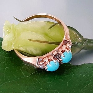 c.1880 Antique 9ct Gold Turquoise Cabochons Seed Pearls Toi et Moi Ring Size 6,5 Romantic Victorian Jewelry