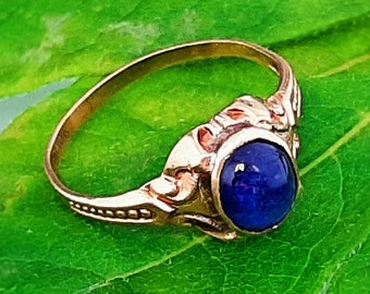 Bague saphir bleu antique 9c.1880, or 10 carats, pierres précieuses naturelles, taille 5, bijoux fins victoriens