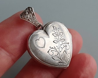 c.1910 Antique Sterling Silver Heart Photo Médaillon Pendentif Marqué Edwardian Jewelry