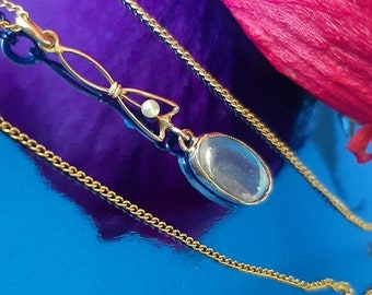 Vers 1900, pendentif antique édouardien en or 10 carats, pierre de lune naturelle, négligé, cravate sur chaîne vintage
