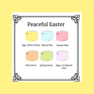 May include: Peaceful Easter themed sticky notes with butterfly designs in six pastel colors: egg-celent yellow, bunny blue, parade pink, pale carrot, spring green, and eggs-tra special lilac.