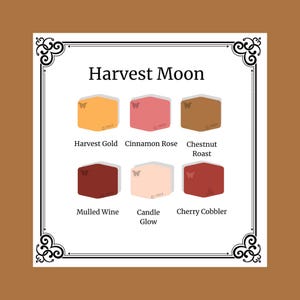 Puede incluir: Gráfico decorativo con el texto "Harvest Moon" y seis muestras de color. Las muestras están etiquetadas como "Harvest Gold", "Cinnamon Rose", "Chestnut Roast", "Mulled Wine", "Candle Glow" y "Cherry Cobbler". Cada muestra tiene un pequeño gráfico de mariposa.