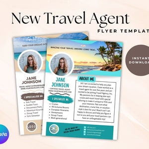 NOVO modelo de folheto de anúncio de AGENTE DE VIAGENS, editável para agente de viagens, Canva, folheto de marketing para agência de viagens, promocional para impressão para viagens