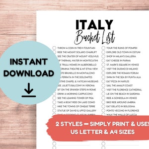 Lista de deseos de Italia imprimible / Viajes de Italia / Obras de arte de Italia / Lista de verificación de aventuras de viaje / Impresiones de Italia / Regalo o valor agregado para agentes de viajes
