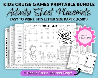 Printable CRUISE ACTIVITY PLACEMAT for Kids, Travel Games, Cruise Activities for Kids, Children Restaurant Placemat, Cruise Printable