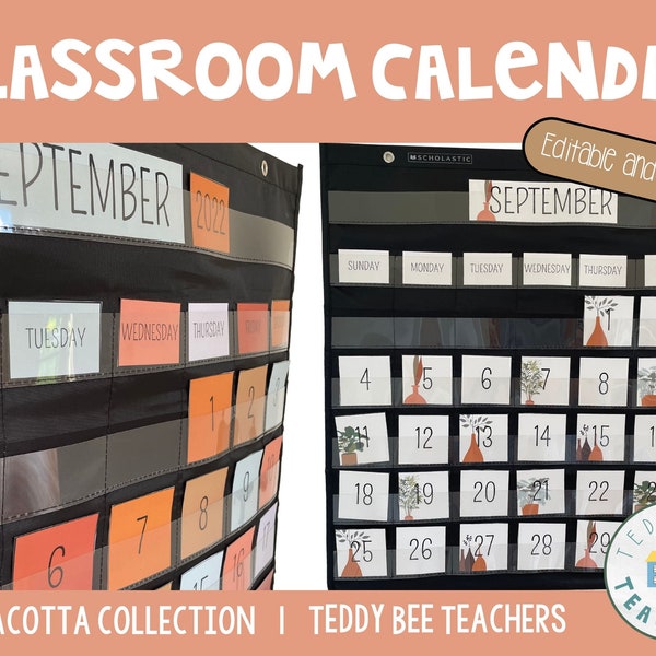 Terracotta Classroom Calendar & Weather Display | Warm Tone Classroom Calendar | Pocket Chart | Editable and Printable