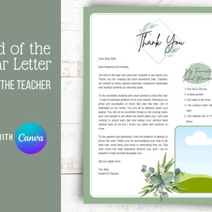 Plantilla de carta botánica de fin de año / Carta escolar editable del maestro / Carta de fin de año de Boho Greenery a los estudiantes