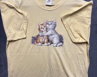 Vintage Jerzees Kitty Cat Graphic Shirt Yellow Size XL Cat Lovers Grandmas