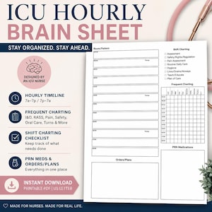 May include: A white ICU hourly brain sheet with black text and lines. The document features sections for room and patient details, an hourly timeline, a frequent charting grid, a shift charting checklist, and a space for PRN medications and orders.