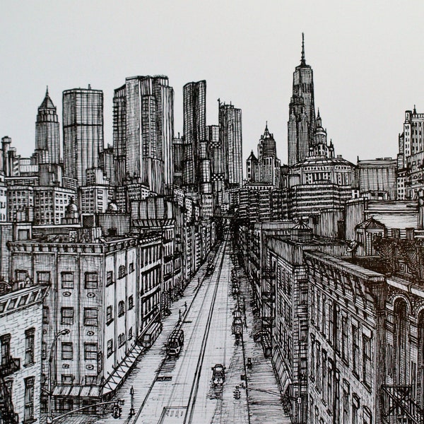 Lower Manhattan Street Pen and Ink Drawing