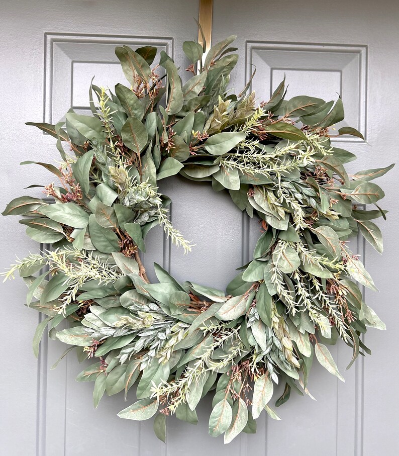 Year Round Wreath for Front Door, Everyday Wreath, Modern Farmhouse Wreath, Spring/Summer Wreath, Dark Eucalyptus Wreath, All Season Wreath image 1