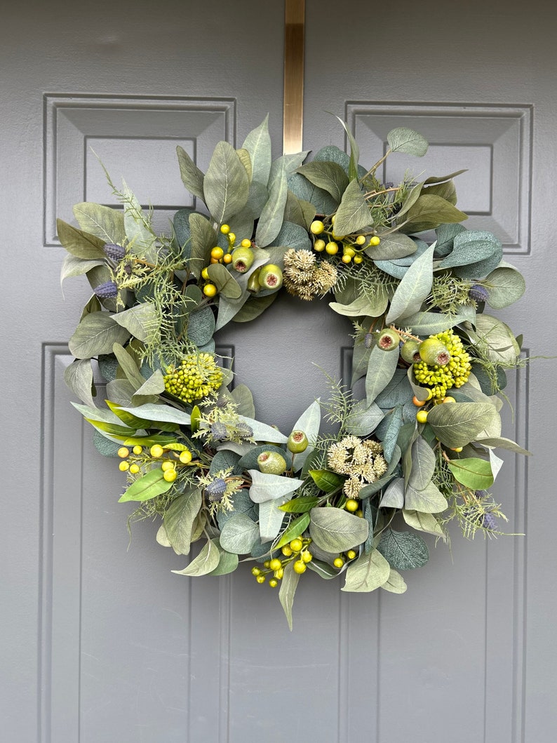 Year Round Seeded Eucalyptus Wreath, Spring Wreath for Front Door, Modern Farmhouse Wreath, Wedding Decor, Summer Front Door, Everyday image 7