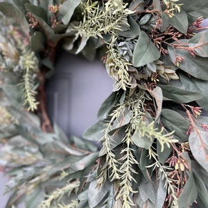 Year Round Wreath for Front Door, Everyday Wreath, Modern Farmhouse Wreath, Spring/Summer Wreath, Dark Eucalyptus Wreath, All Season Wreath image 5