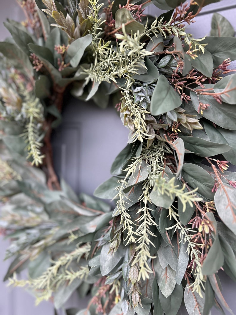 Year Round Wreath for Front Door, Everyday Wreath, Modern Farmhouse Wreath, Spring/Summer Wreath, Dark Eucalyptus Wreath, All Season Wreath image 5
