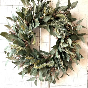 Year Round Wreath for Front Door, Everyday Wreath, Modern Farmhouse Wreath, Spring/Summer Wreath, Dark Eucalyptus Wreath, All Season Wreath image 2