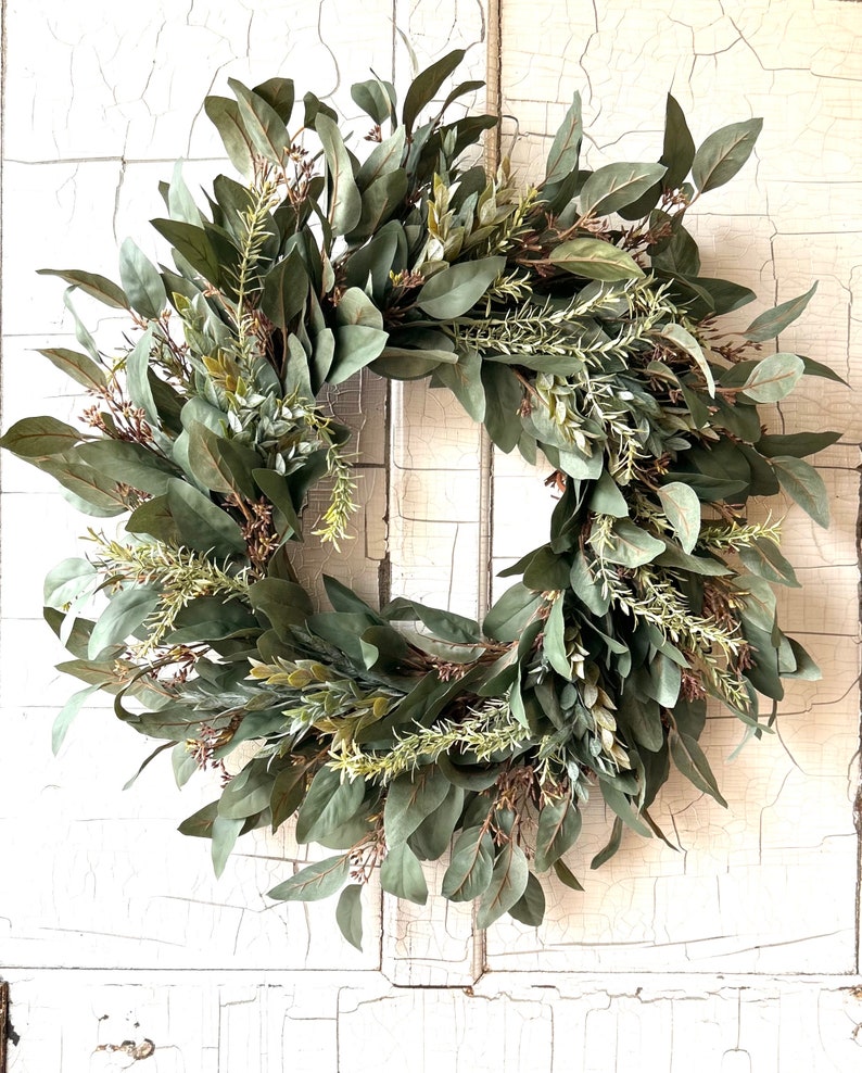 Year Round Wreath for Front Door, Everyday Wreath, Modern Farmhouse Wreath, Spring/Summer Wreath, Dark Eucalyptus Wreath, All Season Wreath image 2