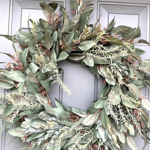 Year Round Wreath for Front Door, Everyday Wreath, Modern Farmhouse Wreath, Spring/Summer Wreath, Dark Eucalyptus Wreath, All Season Wreath image 4