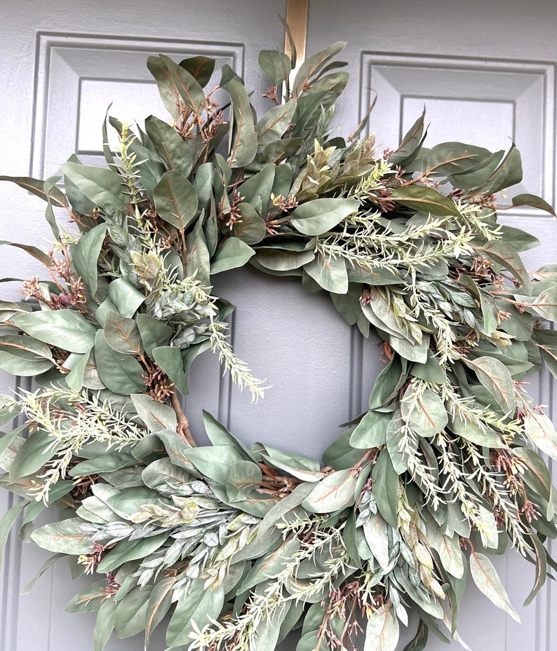 Year Round Wreath for Front Door, Everyday Wreath, Modern Farmhouse Wreath, Spring/Summer Wreath, Dark Eucalyptus Wreath, All Season Wreath image 4