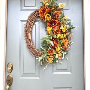 Orange Floral Wreath for Front Door, Fall Hydrangea Wreath for Front ...