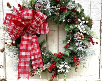 Christmas Wreath, Winter Wreath, Snowy Wreath for Front Door, Christmas Farmhouse Wreath, Red and White Plaid Rustic Wreath, Holiday Wreath