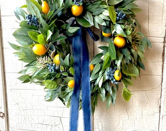 Front Porch Wreath, Spring Wreaths, Lemon and Blueberry Wreath, Yellow Lemons Wreath, Summer Wreath