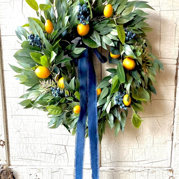 Front Porch Wreath, Spring Wreaths, Lemon and Blueberry Wreath, Yellow Lemons Wreath, Summer Wreath