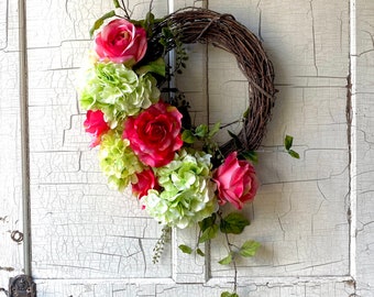 French Country Pink Wreath, Summer Roses and Hydrangea Wreath for Front Door, Elegant Summer Wreath, Cottage Style Wall Decor.