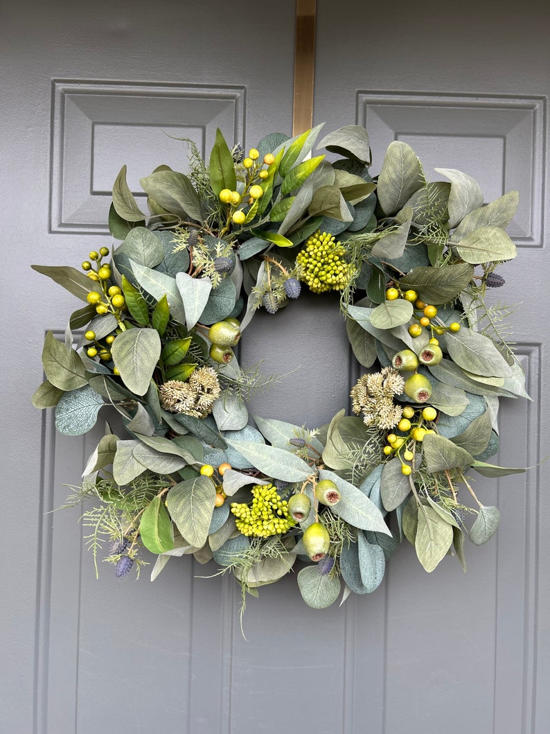 Year Round Seeded Eucalyptus Wreath, Spring Wreath for Front Door, Modern Farmhouse Wreath, Wedding Decor, Summer Front Door, Everyday image 6