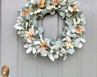 Fall Lamb's Ear Wreath, Modern Farmhouse Wreath, Autumn Wreath with Cream Berries for Front Door, Neutral Summer to Fall Lamb's Ear Wreath.