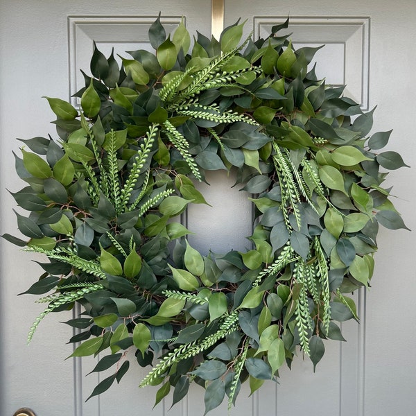 Corona de vegetación durante todo el año para la puerta principal, corona de todas las estaciones, corona de ficus y helechos, corona de vegetación de todos los días, corona simple, puerta de todos los días