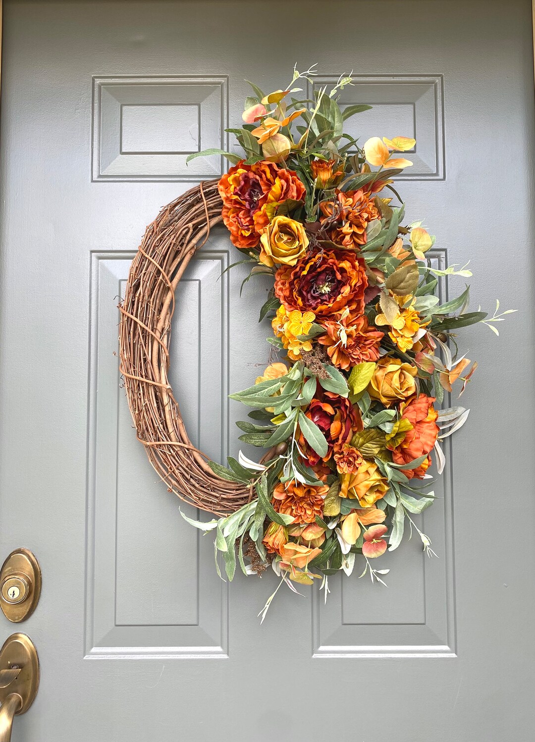 Orange Floral Wreath for Front Door, Fall Hydrangea Wreath for Front ...