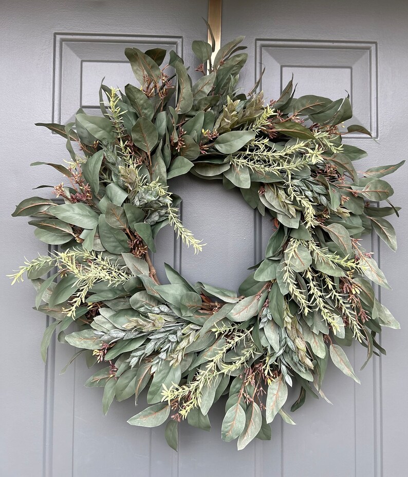 Year Round Wreath for Front Door, Everyday Wreath, Modern Farmhouse Wreath, Spring/Summer Wreath, Dark Eucalyptus Wreath, All Season Wreath image 8