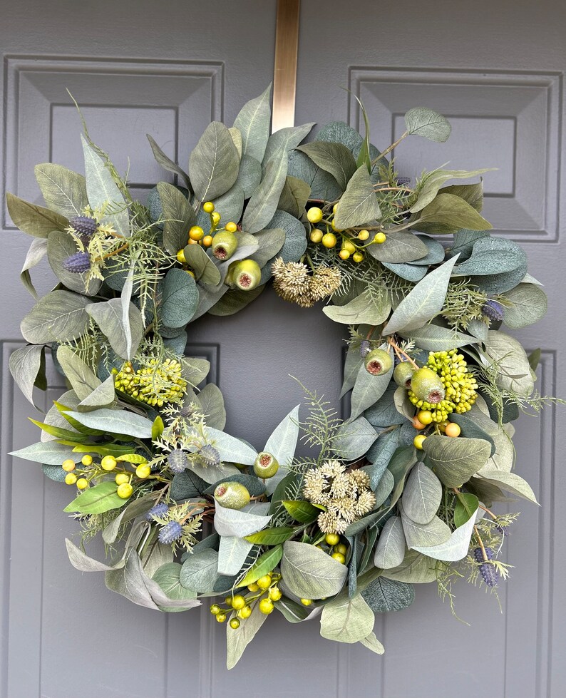 Year Round Seeded Eucalyptus Wreath, Spring Wreath for Front Door, Modern Farmhouse Wreath, Wedding Decor, Summer Front Door, Everyday image 8