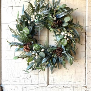 Winter Eucalyptus Wreath With Pinecones and White Berries, Farmhouse Winter Wreath, Modern Farmhouse Wreath,Evergreen Holiday Wreath