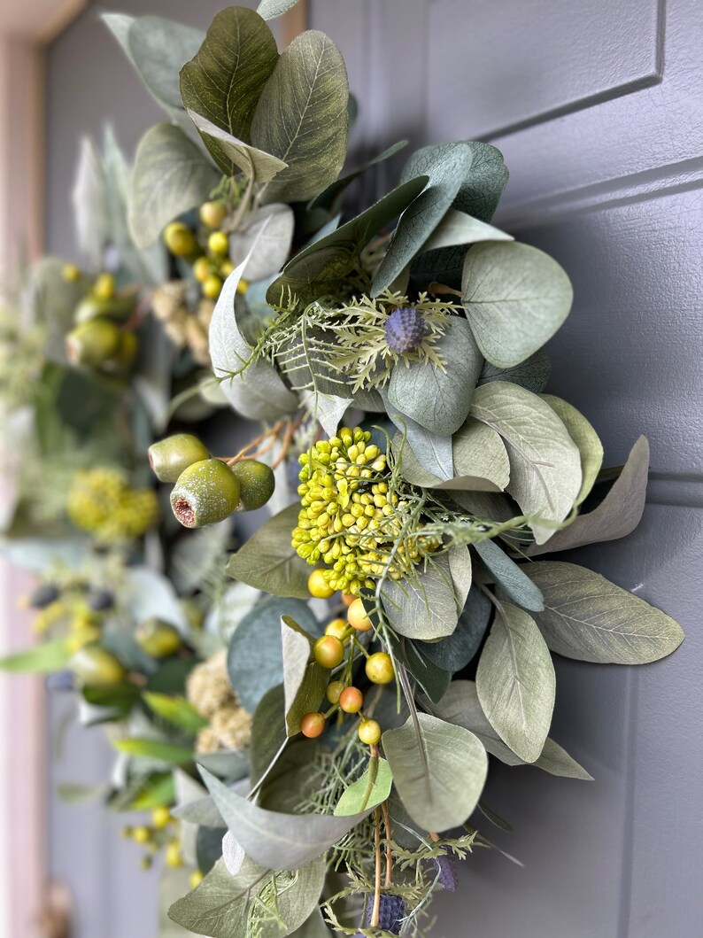 Year Round Seeded Eucalyptus Wreath, Spring Wreath for Front Door, Modern Farmhouse Wreath, Wedding Decor, Summer Front Door, Everyday image 3