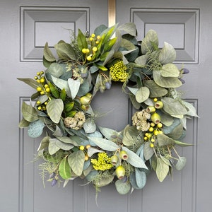 Year Round Seeded Eucalyptus Wreath, Spring Wreath for Front Door, Modern Farmhouse Wreath, Wedding Decor, Summer Front Door, Everyday image 1
