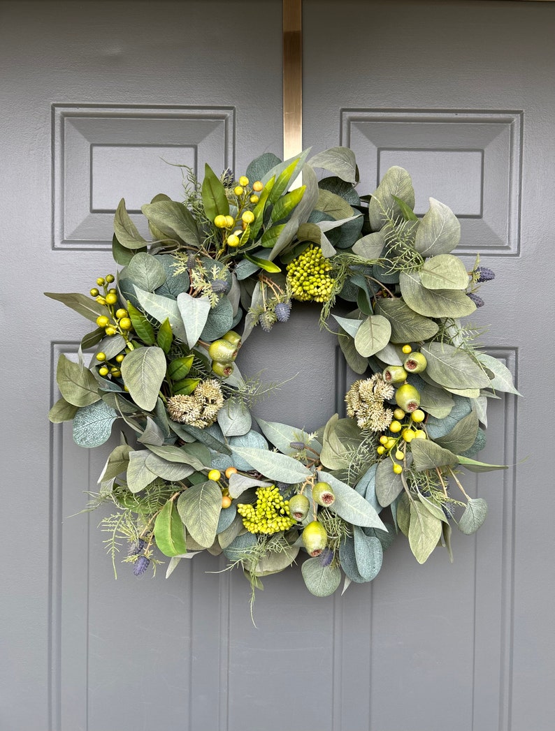 Year Round Seeded Eucalyptus Wreath, Spring Wreath for Front Door, Modern Farmhouse Wreath, Wedding Decor, Summer Front Door, Everyday image 1
