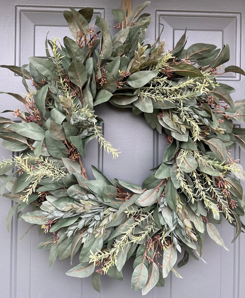 Year Round Wreath for Front Door, Everyday Wreath, Modern Farmhouse Wreath, Spring/Summer Wreath, Dark Eucalyptus Wreath, All Season Wreath image 6