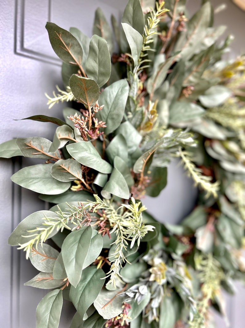 Year Round Wreath for Front Door, Everyday Wreath, Modern Farmhouse Wreath, Spring/Summer Wreath, Dark Eucalyptus Wreath, All Season Wreath image 3