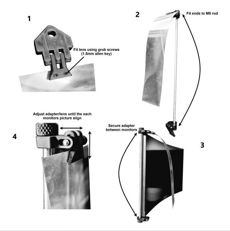 May include: Diagram of a camera lens adapter system. The image shows four steps: fitting the lens, attaching to an M8 rod, securing the adapter, and adjusting the lens. Text includes instructions for assembly and adjustment.