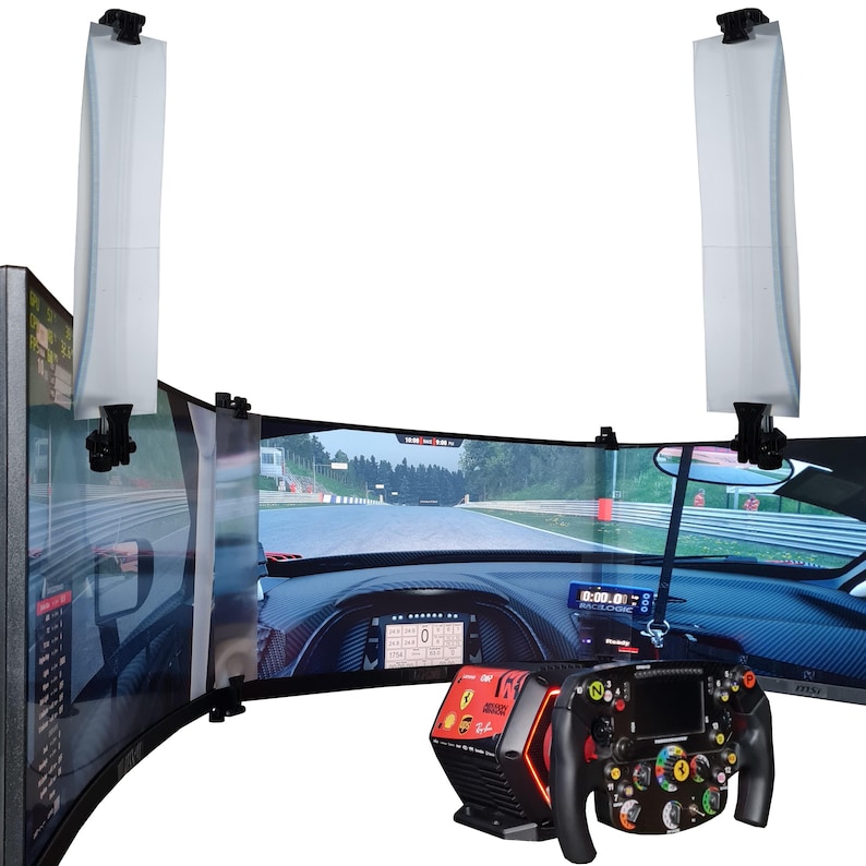 May include: A curved triple monitor setup displaying a racing game, with a racing wheel and side mirrors. The monitors are mounted with black brackets. Two white, vertical light panels are attached to the top of the monitors.