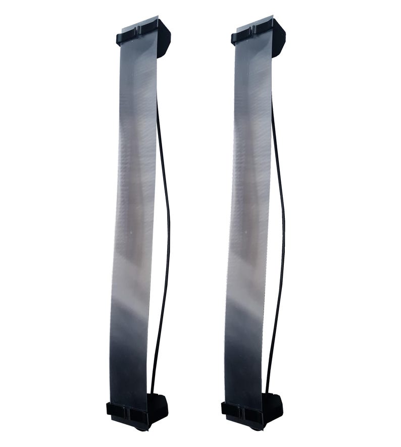 May include: Two vertical, silver-toned, flexible light strips with black mounting brackets at the top and bottom. Each strip has a black wire extending from the top. The background is plain white.