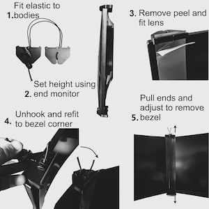 May include: A black and white instructional image detailing the steps to install a product. The steps include fitting elastic, setting height, removing a peel, refitting a bezel corner, and adjusting to remove the bezel. Text accompanies each step.