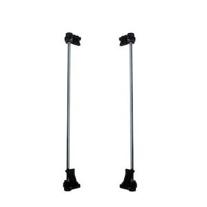 May include: Two black metal support rods with adjustable clamps at the top and bottom. The rods are silver in color and extend vertically.