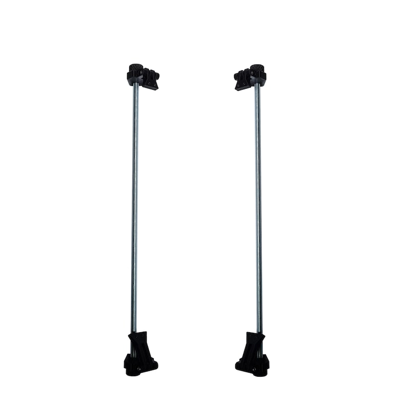 May include: Two black and silver adjustable support rods. Each rod has a black base and top with a silver pole in between. The rods are designed to provide support and stability.