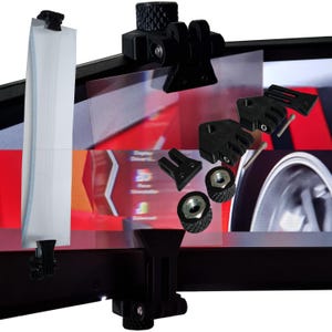 May include: An assortment of black mounting hardware components, including brackets, nuts, and a knob, are displayed against a backdrop of a computer screen. A clear, rectangular plastic piece is also present, along with screws.