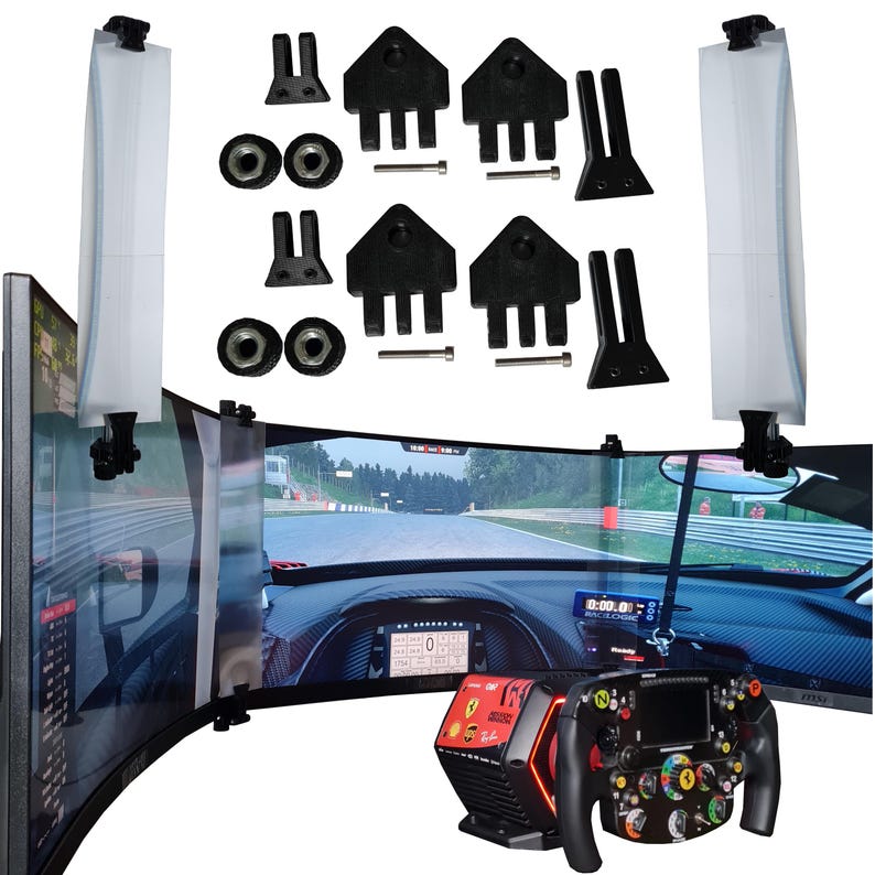May include: A gaming setup featuring a curved monitor displaying a racing game, with a racing wheel and various mounting hardware. The setup includes black brackets, screws, and clear plastic light diffusers for an immersive experience.