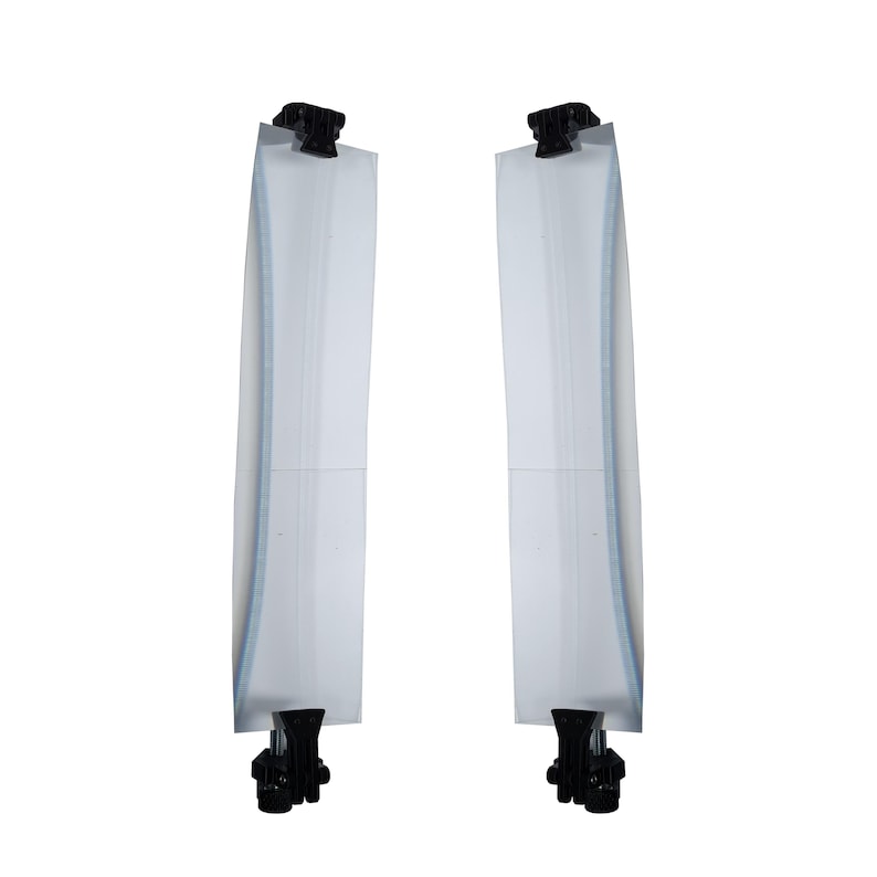 May include: Two clear, rectangular, plastic containers with black tops and bottoms. The containers have a slight curve and a blue-grey line down the center. The background is white.